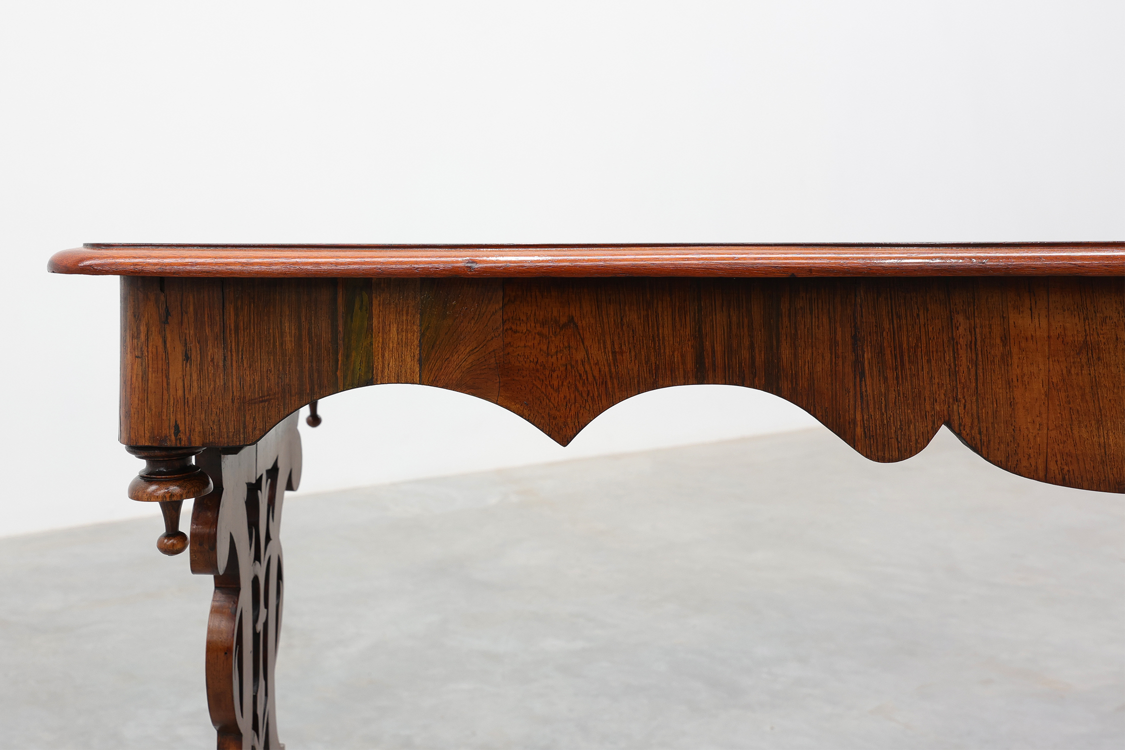 Victorian Walnut Side Table with Inlaid Top and Pierced Scroll Ends, England, circa 1870thumbnail